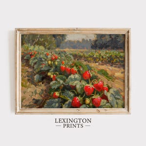 Red Strawberry Field Print, Summer PRINTABLE Wall Art, Kitchen Wall Art Farmhouse Kitchen Print, Moody Strawberry Print Digital File 1233