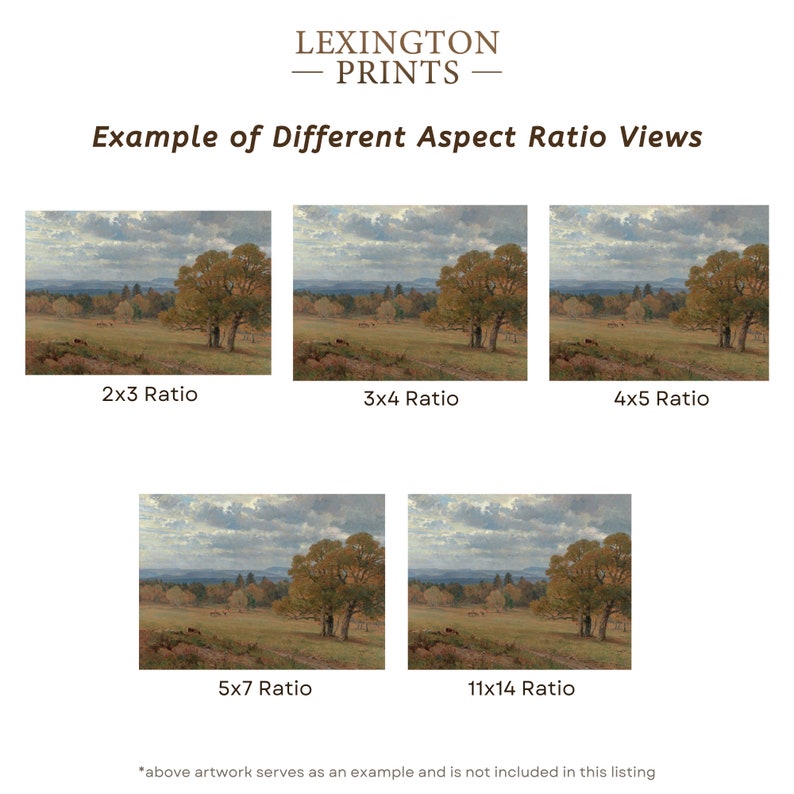 Image provides an example on the crop differences between different aspect ratios. Each print contains 5 different sizes. The print comes in 2x3 ratio, 3x4 , 4x5, 5x7, and 11x14