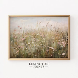 Vintage Spring wall art wildflower field landscape painting art print displayed in an antique frame, featuring pink and beige wildflowers up close. This Spring decor can also be Easter decor. The painting features intricate brushwork and colors. The shop name Lexington Prints is written below.