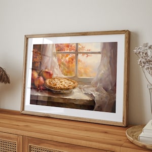 Vintage fall thanksgiving apple pie fall painting oil painting art print displayed in an antique frame against a white background. The painting features intricate brushwork and colors. The shop name Lexington Prints is written out beneath