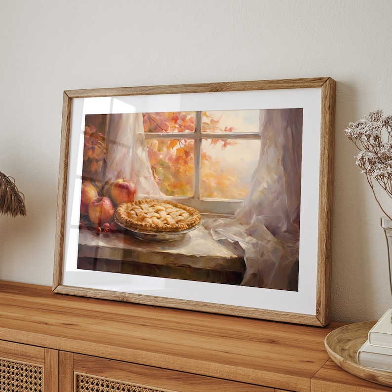 Vintage fall thanksgiving apple pie fall painting oil painting art print displayed in an antique frame against a white background. The painting features intricate brushwork and colors. The shop name Lexington Prints is written out beneath
