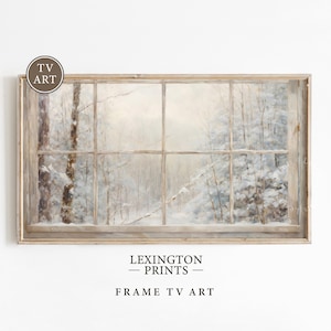 以下が含まれることがあります： 窓から見える雪景色を描いた額装された絵画。窓は9つの窓枠に分かれており、素朴な木製の枠があります。絵画のタイトルは「Frame TV Art」で、レキシントン・プリントの作品です。