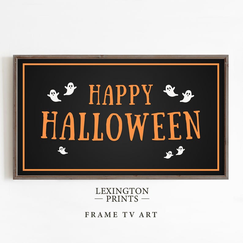 Vintage Halloween Frame TV art for Samsung Frame TV set of 18. This is a bundle of spooky Halloween TV art of jack o lanterns, ghosts, witches, pumpkins, etc and is meant to be displayed in a Frame TV. The shop name Lexington Prints is listed beneath