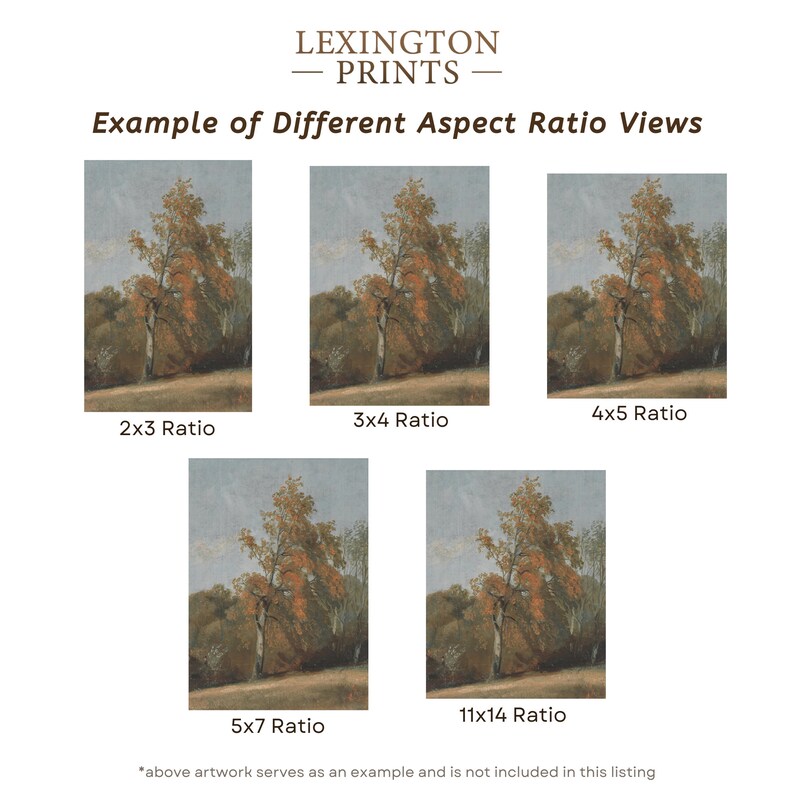 Image provides an example on the crop differences between different aspect ratios. Each print contains 5 different sizes. The print comes in 2x3 ratio, 3x4 , 4x5, 5x7, and 11x14