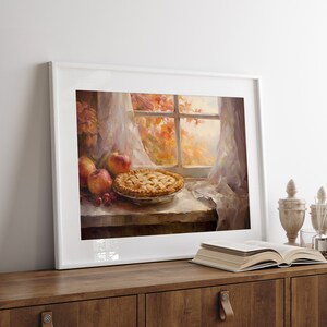 Vintage fall thanksgiving apple pie fall painting oil painting art print displayed in an antique frame against a white background. The painting features intricate brushwork and colors. The shop name Lexington Prints is written out beneath