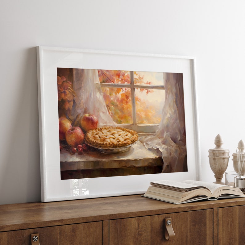 Vintage fall thanksgiving apple pie fall painting oil painting art print displayed in an antique frame against a white background. The painting features intricate brushwork and colors. The shop name Lexington Prints is written out beneath