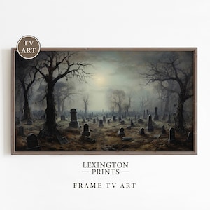 May include: A painting of a foggy graveyard with a full moon in the sky. The trees are bare and the tombstones are weathered. The painting is in a dark, moody style.