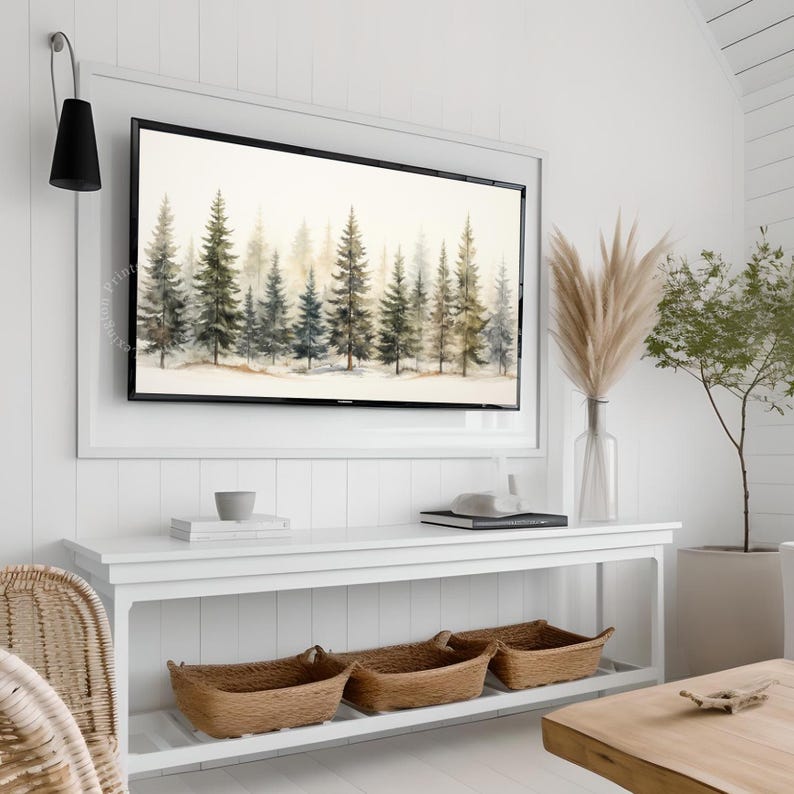 Vintage winter Christmas tree forest wall art Christmas Frame TV art for Samsung Frame TV. This Christmas wall art decor is meant to be displayed in a Frame TV. The shop name Lexington Prints is listed below the frame where the art mockup is.
