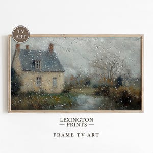 May include: A painting of a house in the rain. The house is white with a gray roof and is seen through a window with raindrops on it. The painting has a soft, muted color palette.