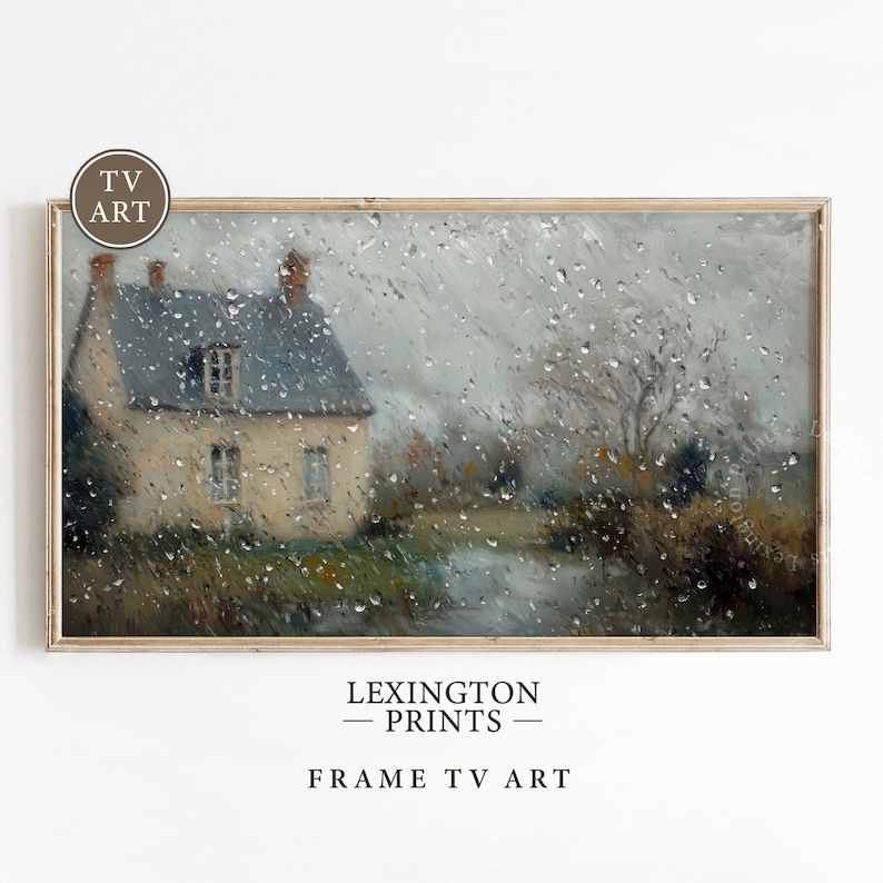 Vintage Spring Frame TV art for the Samsung Frame TV of a dark moody raining spring landscape as seen from the glass of a window. There are water droplets on the window. The artwork features neutral gray and brown tones. This Spring wall art decor is meant to be displayed in a Frame TV and it can also be used as farmhouse decor or cottagecore decor. The shop name Lexington Prints is listed below.