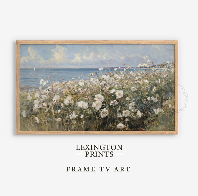 Vintage Summer Frame TV art for Samsung Frame TV of a floral neutral wildflower field. This Spring wall art decor is meant to be displayed in a Frame TV. It can also be used as Spring decor. The shop name Lexington Prints is listed below