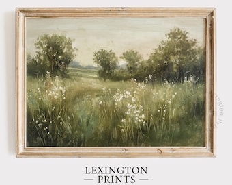 May include: A framed painting of a landscape with a field of white wildflowers in the foreground and trees in the background. The sky is a soft blue with a hint of pink.
