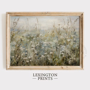 Printable Wildflower Field Landscape Vintage Painting, Moody Spring Decor Farmhouse Print Neutral Wall Art Spring Art Digital Download 572