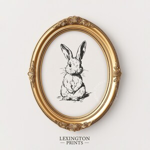 Vintage black sketch wall art of a cute easter bunny rabbit. The sketch art print features thick black sketch work against a simple off white background. The sketch is a minimalist drawing fits an aesthetic for spring decor, easter decor, nursery decor, and rustic farmhouse decor. The shop name LexingtonPrints is written below