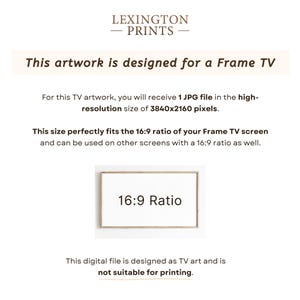 This image describes how the artwork is desiganed for a Frame TV. You receive a JPG file in a 16x9 ratio, which perfectly fits your Frame TV screen.