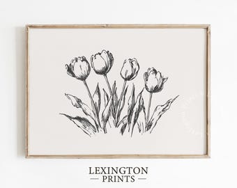 Impresión de boceto de tulipán vintage, arte mural floral imprimible, decoración vintage de primavera, decoración minimalista de estilo rústico, ilustración rústica de tulipán 1152