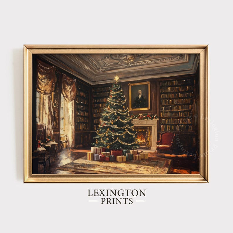 Vintage Christmas wall art print of a Christmas tree and presents in a moody Victorian library living room. It is displayed in an antique frame. The painting features intricate brushwork and colors. The shop name Lexington Prints is written out
