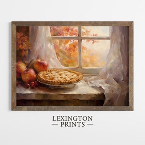 Vintage fall thanksgiving apple pie fall painting oil painting art print displayed in an antique frame against a white background. The painting features intricate brushwork and colors. The shop name Lexington Prints is written out beneath