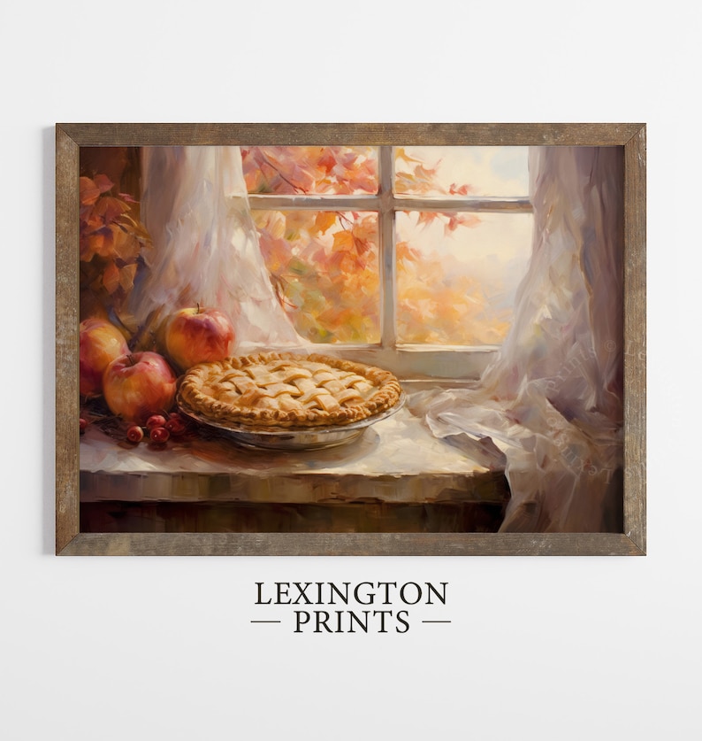 Vintage fall thanksgiving apple pie fall painting oil painting art print displayed in an antique frame against a white background. The painting features intricate brushwork and colors. The shop name Lexington Prints is written out beneath