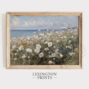 Coastal Printable Wildflower Field Landscape Painting, Vintage Summer Print Beach Print Farmhouse Print Spring Wall Art Floral Art Sea 661