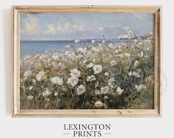 Coastal Printable Wildflower Field Landscape Painting, Vintage Summer Print Beach Print Farmhouse Print Spring Wall Art Floral Art Sea 661