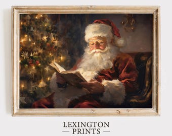 Vintage Christmas Wall Art Santa Reading Book Christmas Oil Painting Printable Art Cottagecore Academia Art Christmas Decor Winter Print 288