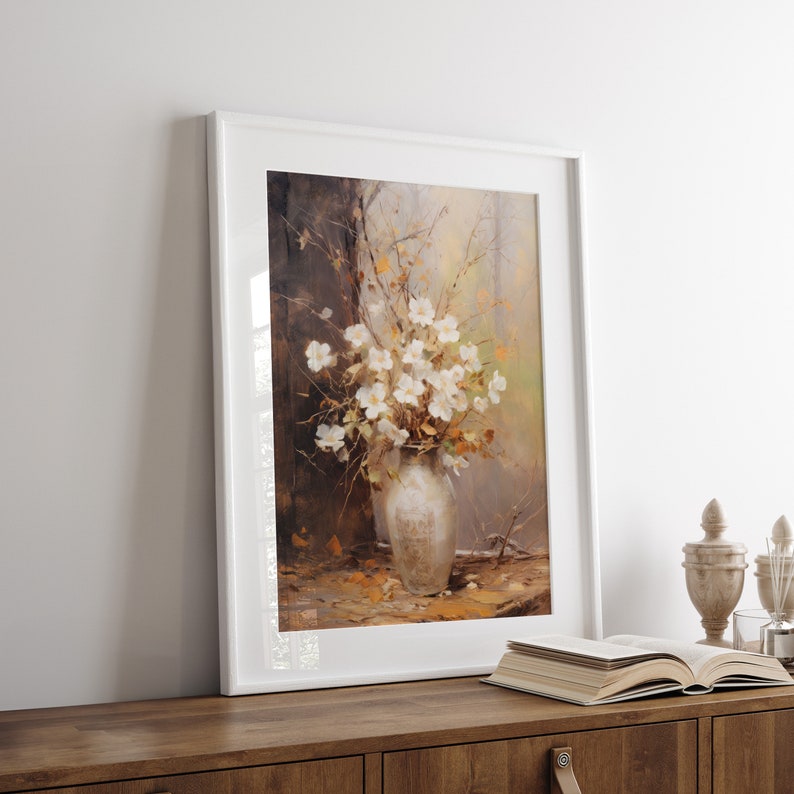 Fall Vintage fall botanical wall art flower painting oil painting art print displayed in an antique frame against a white background. The painting features intricate brushwork and colors. The shop name Lexington Prints is written out beneath