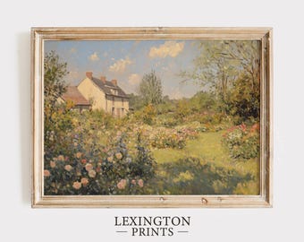 French Farmhouse Garden Print, Spring PRINTABLE Wall Art, Pastel Spring Decor, French Landscape Painting Pastel Wildflower Field Print 1038