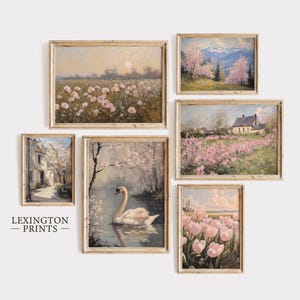 Ensemble de 6 imprimés printemps rose pastel, art mural imprimable printemps, art mural rose pour chambre de bébé, affiche printanière de mauvaise humeur, décoration d'intérieur, téléchargement numérique 1036