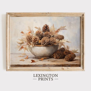 Fall Vintage fall pinecone decor painting oil painting art print displayed in an antique frame against a white background. The painting features intricate brushwork and colors. The shop name Lexington Prints is written out beneath the wall art frame