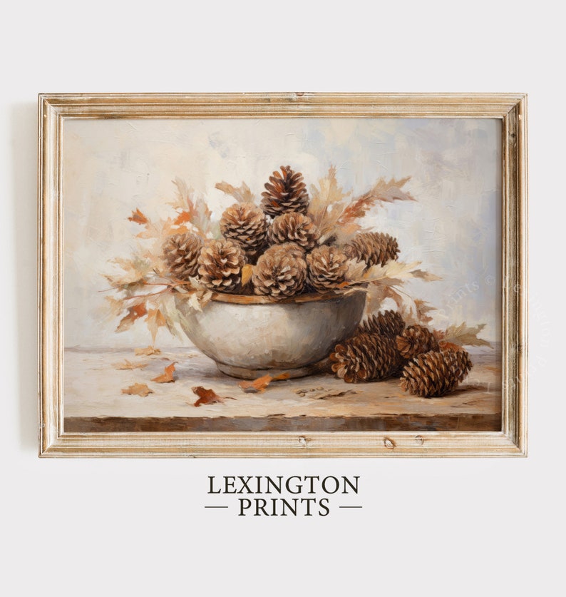 Fall Vintage fall pinecone decor painting oil painting art print displayed in an antique frame against a white background. The painting features intricate brushwork and colors. The shop name Lexington Prints is written out beneath the wall art frame