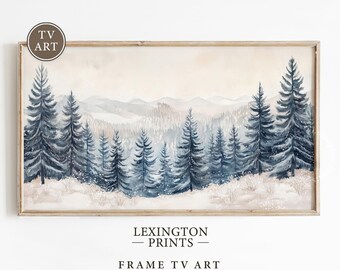 Snowy Forest Winter TV Art, Samsung Frame TV Art, Watercolor TV Art Rustic Holiday Decor, Christmas Tree Tv Art Farmhouse Decor Neutral 917
