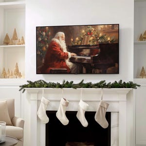 Vintage Christmas winter Santa Claus playing piano music art Frame TV art for Samsung Frame TV. This Christmas wall art decor is meant to be displayed in a Frame TV. The shop name Lexington Prints is listed below the frame where the art mockup is.