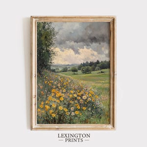 May include: A vintage oil painting depicting a rural landscape with a field of yellow wildflowers in the foreground. The painting features a cloudy sky and a distant view of trees and hills.
