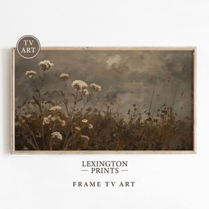 Puede incluir: Una impresión enmarcada de un paisaje con un campo de flores silvestres blancas y hierbas altas bajo un cielo nublado. La obra de arte tiene una estética vintage, con el texto "LEXINGTON - PRINTS - FRAME TV ART" en la parte inferior.