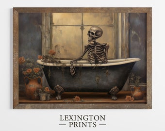 Bathtub Skeleton Halloween Decor Printable Bathroom Decor Painting Halloween Wall Art Spooky Season Vintage Halloween Skeleton Wall Art 174