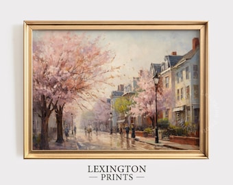 Moody Vintage Spring Town City Art Print Spring Decor Spring Print Farmhouse Decor Easter Decor Cherry Blossom Tree Spring Art Digital 476