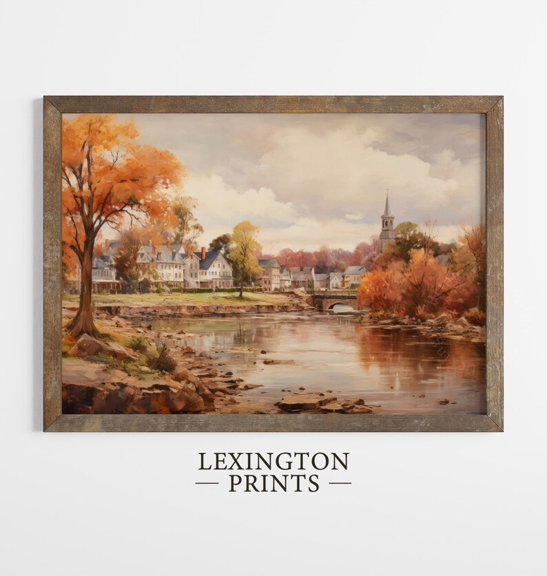 Vintage city town painting oil painting art print displayed in an antique frame against a white background. The painting features intricate brushwork and colors. The shop name Lexington Prints is written out beneath the wall art frame.