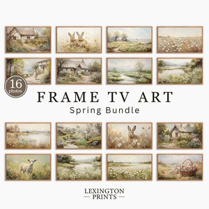 Vintage Spring Frame TV art bundle set of 16 for Samsung Frame TV of Spring wildflowers, cottages, bunnies, and more. This Spring wall art decor can also be used as Easter decor. The shop name Lexington Prints is listed below.