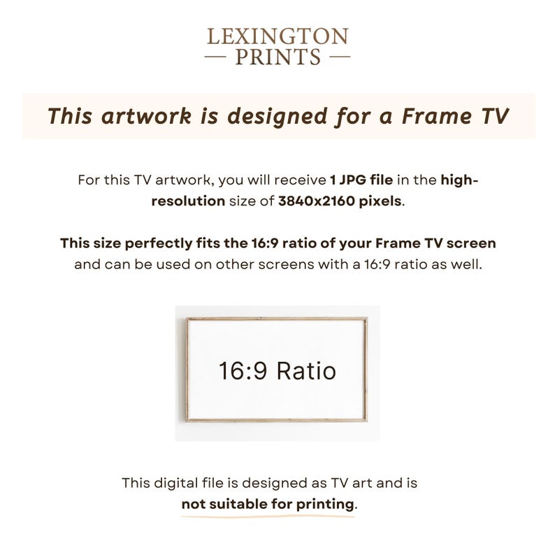 This image describes how the artwork is desiganed for a Frame TV. You receive a JPG file in a 16x9 ratio, which perfectly fits your Frame TV screen.
