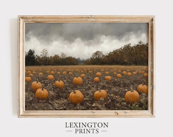Fall Pumpkin Patch Print, Fall PRINTABLE Wall Art, Moody Pumpkin Wall Art, Dark Fall Print Moody Landscape Painting, Fall Harvest Art 849