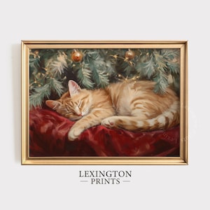 Sleeping Cat Print Christmas Printable Wall Art, Cat Painting Christmas Prints, Winter Wall Art Christmas Tree Print Cat Lover Gift Art 813