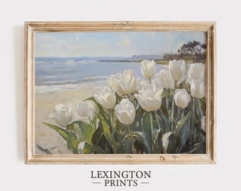 Cuadro de paisaje costero imprimible con flores silvestres, decoración playera con estampado vintage de verano, arte mural primaveral con estampado de tulipanes, arte floral marino 1155