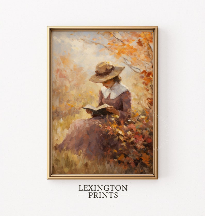 Vintage fall woman reading book fall painting oil painting art print displayed in an antique frame against a white background. The painting features intricate brushwork and colors. The shop name Lexington Prints is written out beneath the wall art.