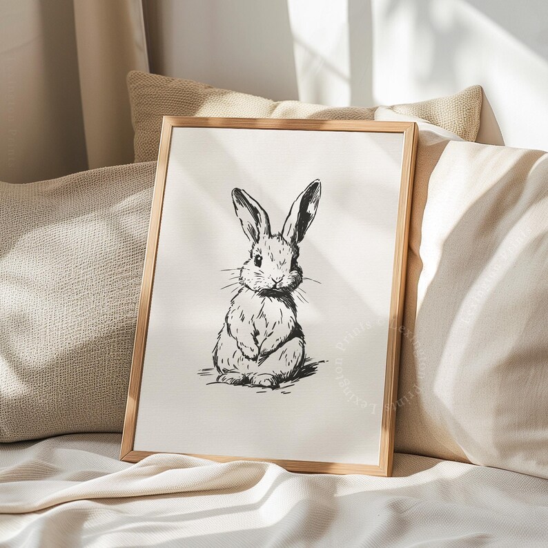 Vintage black sketch wall art of a cute easter bunny rabbit. The sketch art print features thick black sketch work against a simple off white background. The sketch is a minimalist drawing fits an aesthetic for spring decor, easter decor, nursery decor, and rustic farmhouse decor. The shop name LexingtonPrints is written below