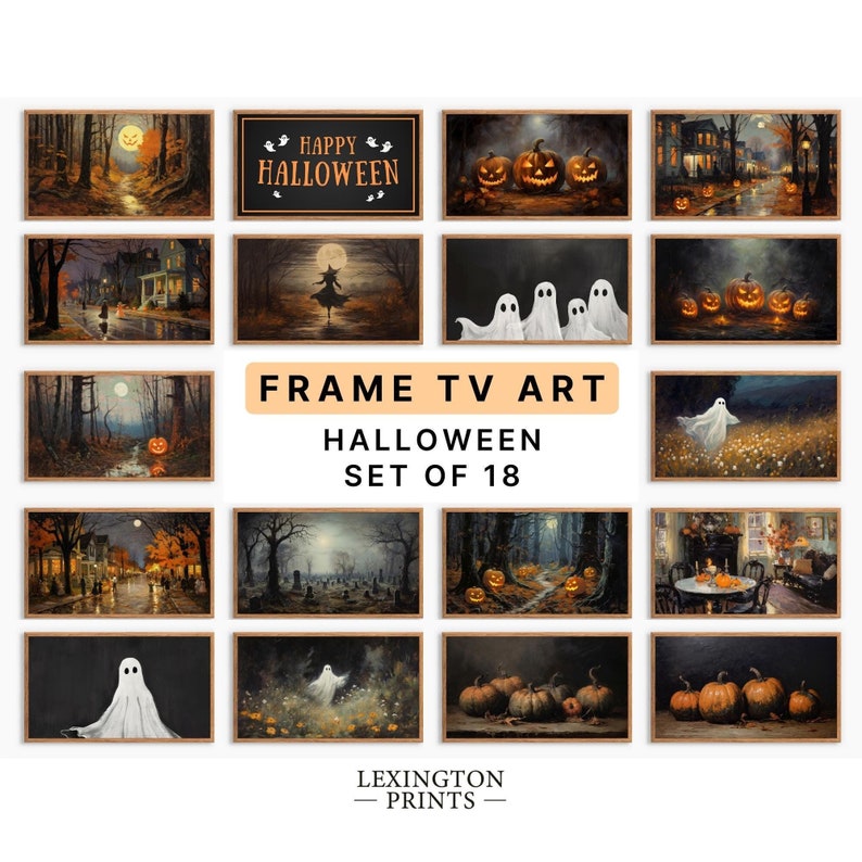 Vintage Halloween Frame TV art for Samsung Frame TV set of 18. This is a bundle of spooky Halloween TV art of jack o lanterns, ghosts, witches, pumpkins, etc and is meant to be displayed in a Frame TV. The shop name Lexington Prints is listed beneath