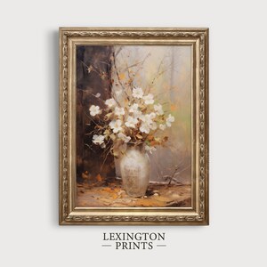 Fall Vintage fall botanical wall art flower painting oil painting art print displayed in an antique frame against a white background. The painting features intricate brushwork and colors. The shop name Lexington Prints is written out beneath