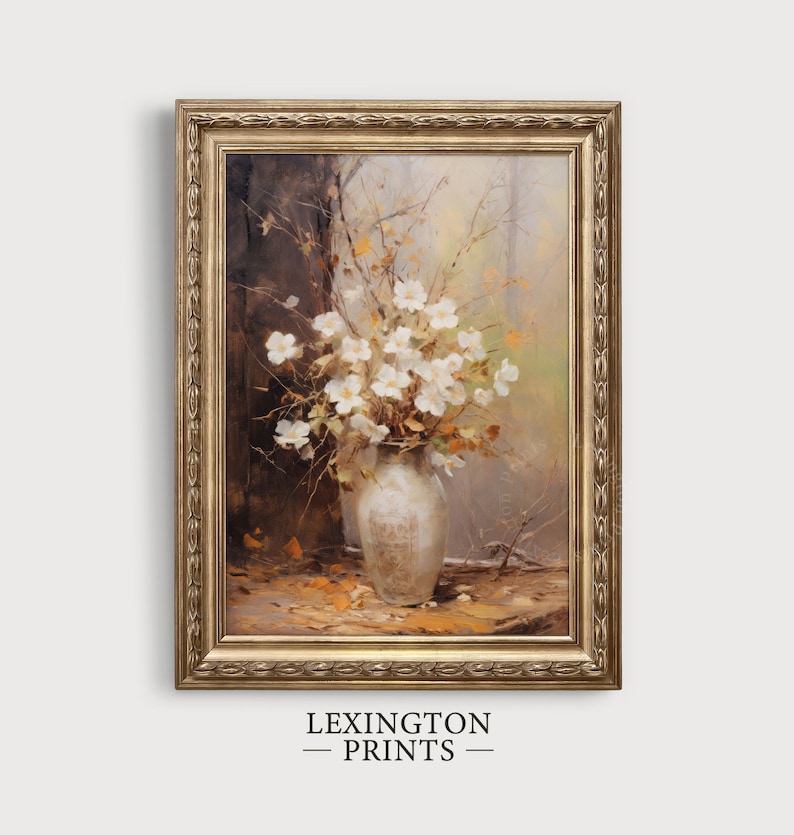 Fall Vintage fall botanical wall art flower painting oil painting art print displayed in an antique frame against a white background. The painting features intricate brushwork and colors. The shop name Lexington Prints is written out beneath