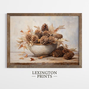 Fall Vintage fall pinecone decor painting oil painting art print displayed in an antique frame against a white background. The painting features intricate brushwork and colors. The shop name Lexington Prints is written out beneath the wall art frame