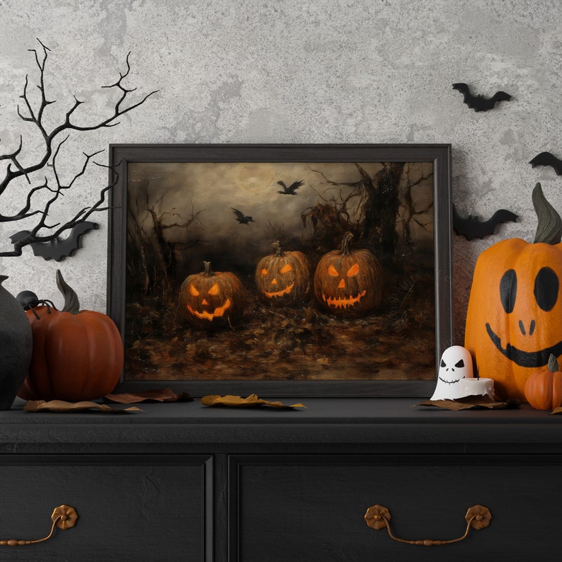 Vintage Halloween Decor Jack O Lantern Wall Art Pumpkin Painting Rustic ...